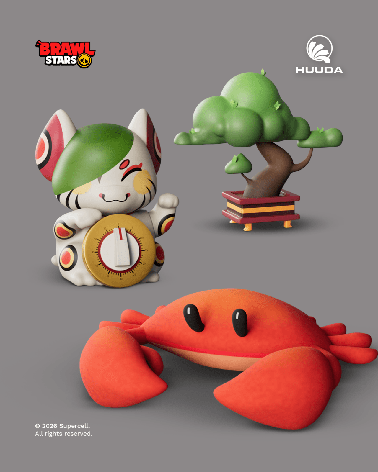 3D production board showing the lucky cat timer, bonsai and crab props created for the Kenji cinematic