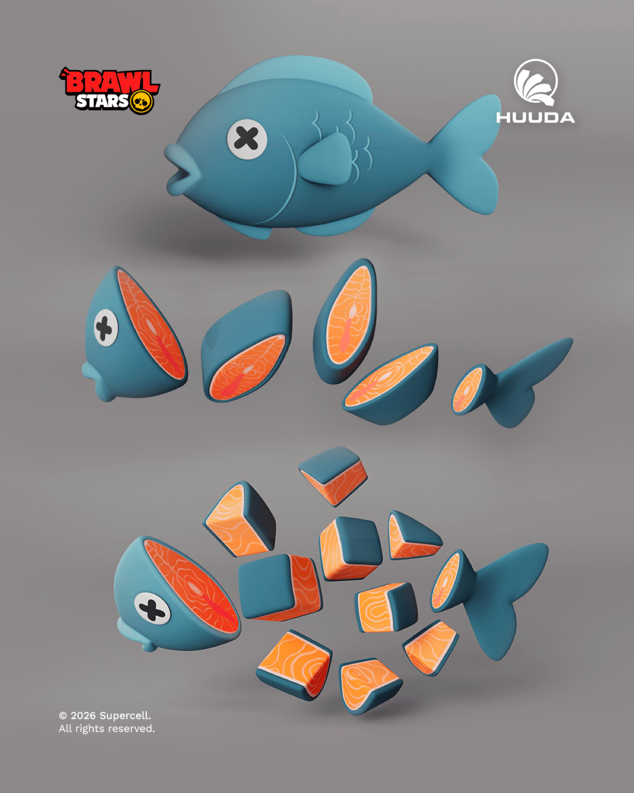 3D production board showing the stylized fish asset and cut pieces created for the Kenji cinematic