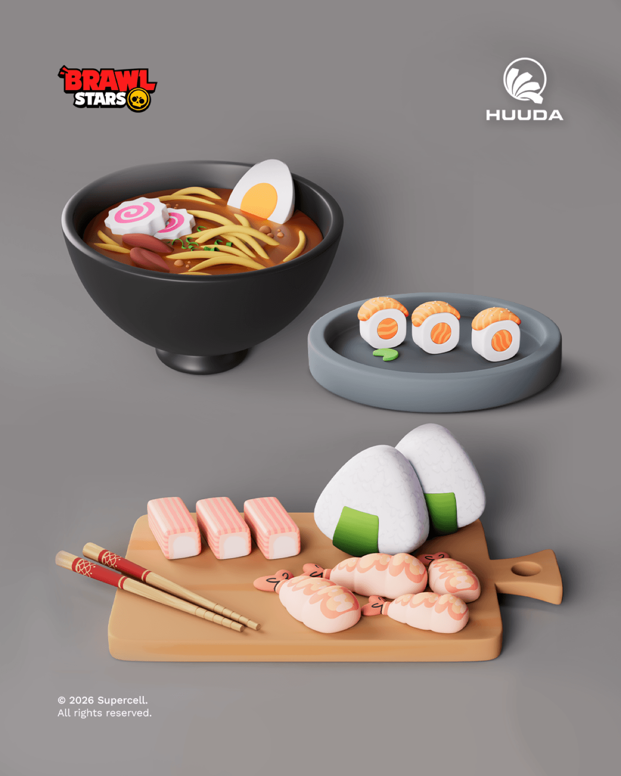 3D production board showing ramen, sushi and food props created for the Kenji cinematic