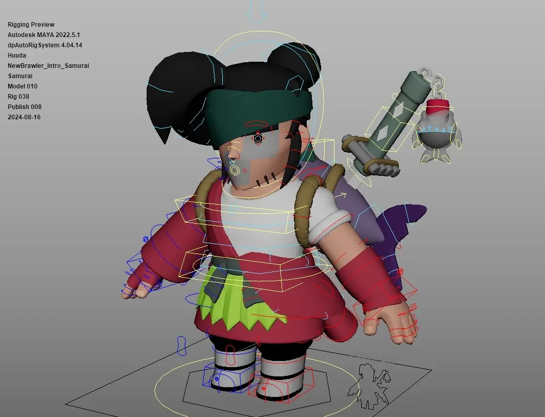 Kenji character rig with body and facial controls in the production viewport.