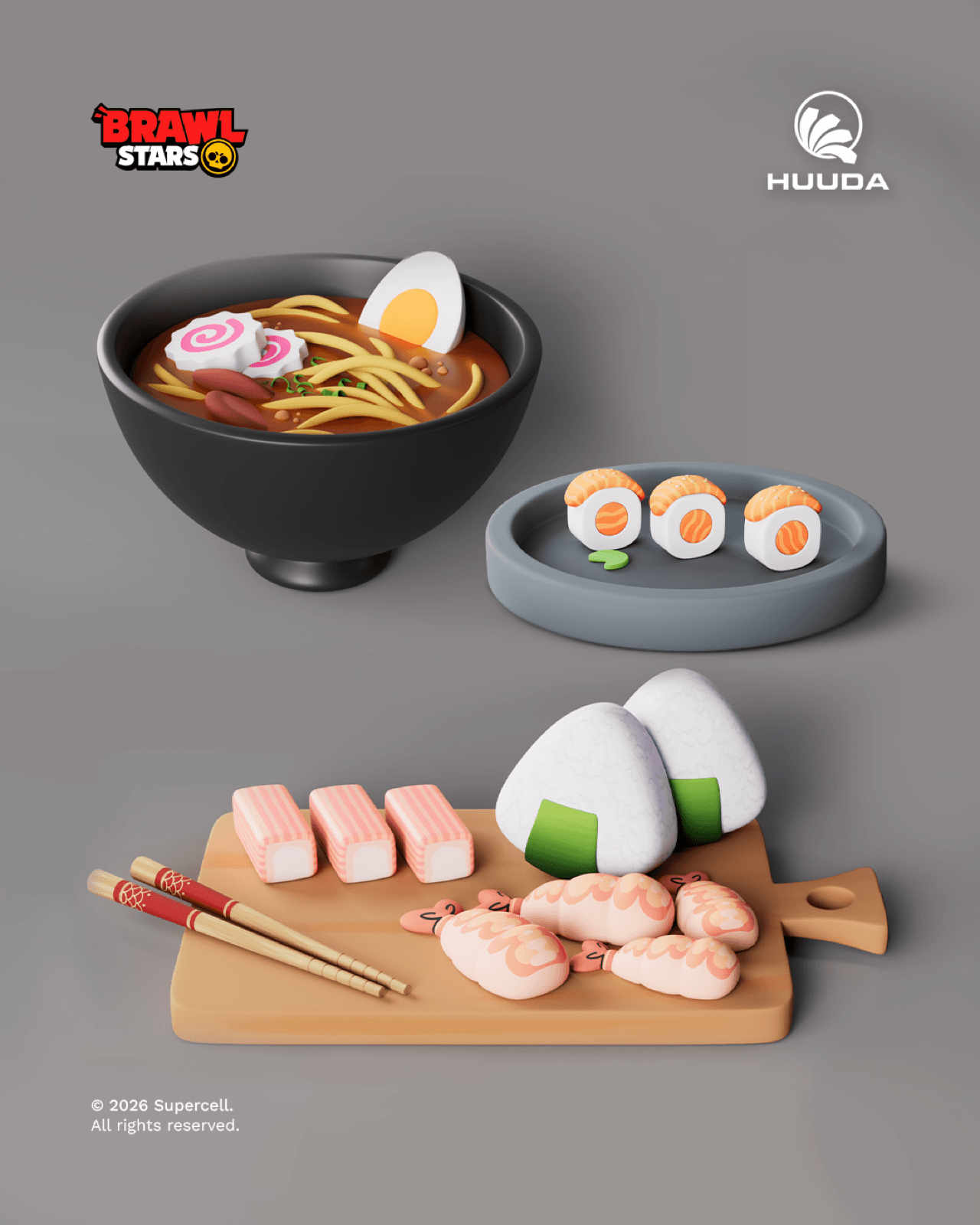 3D production board showing ramen, sushi and food props created for the Kenji cinematic