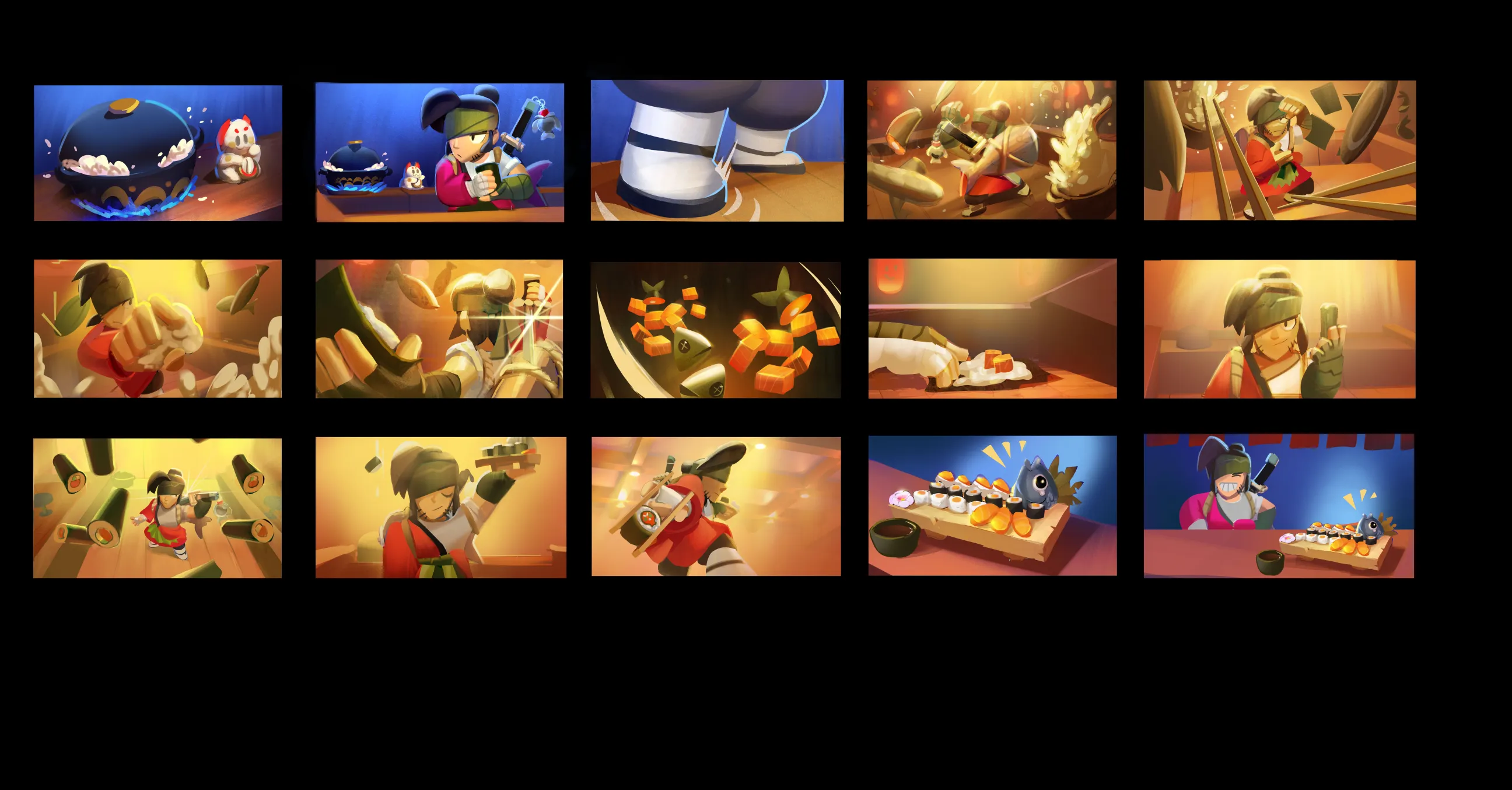 Color script showing the complete sequence of the Kenji cinematic from opening setup through action and final sushi reveal