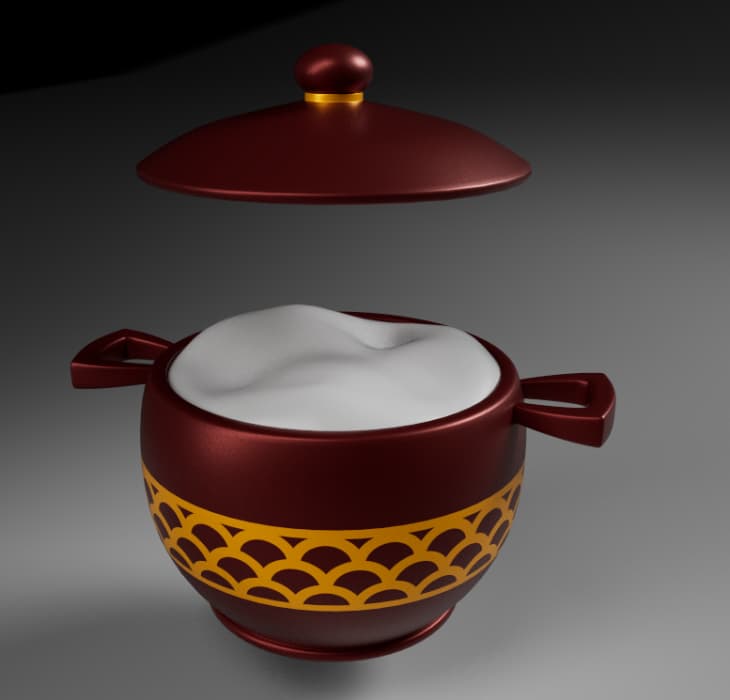 Look development render of the stylized rice pot