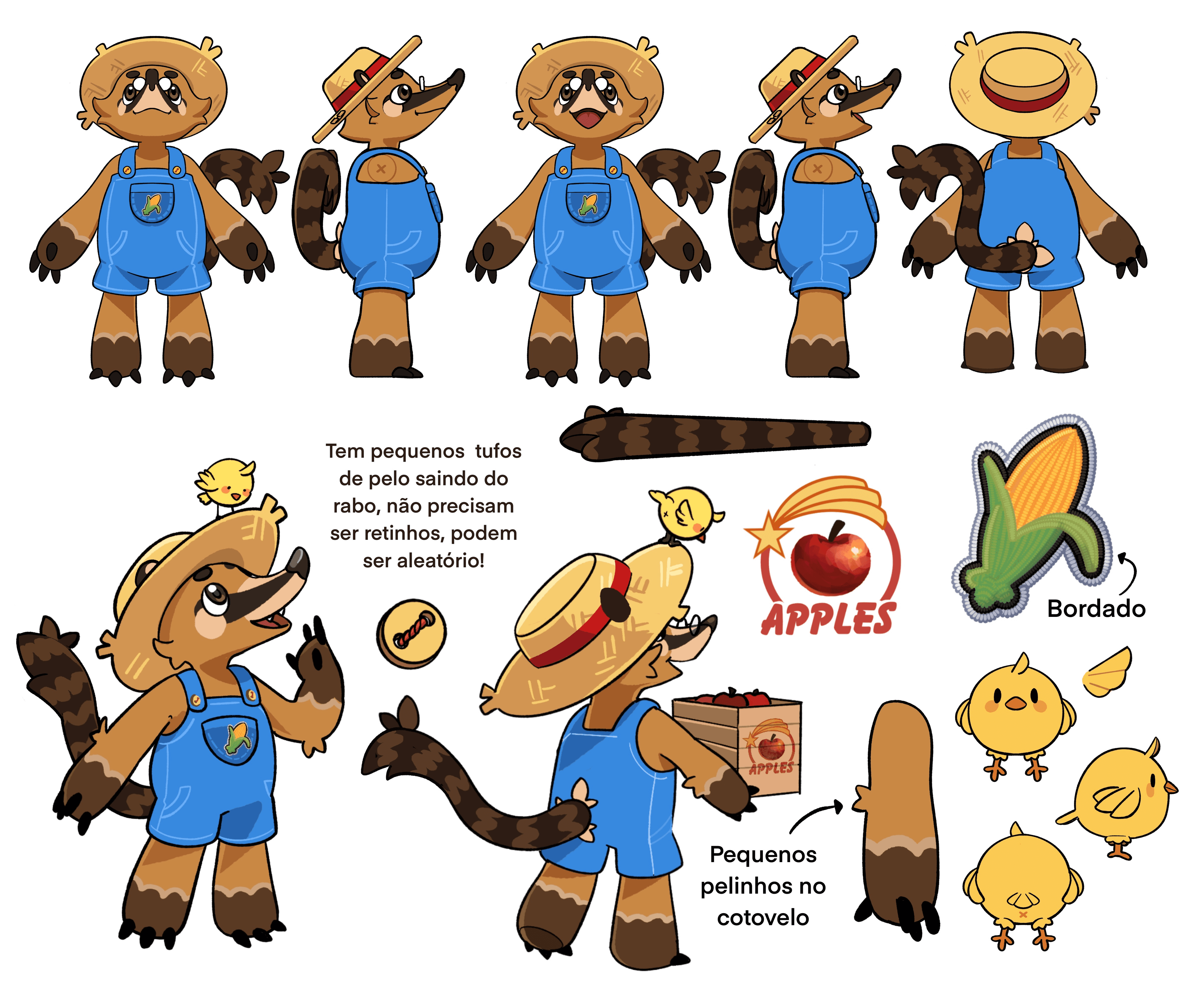 Quati character concept sheet with costume, expression and color studies